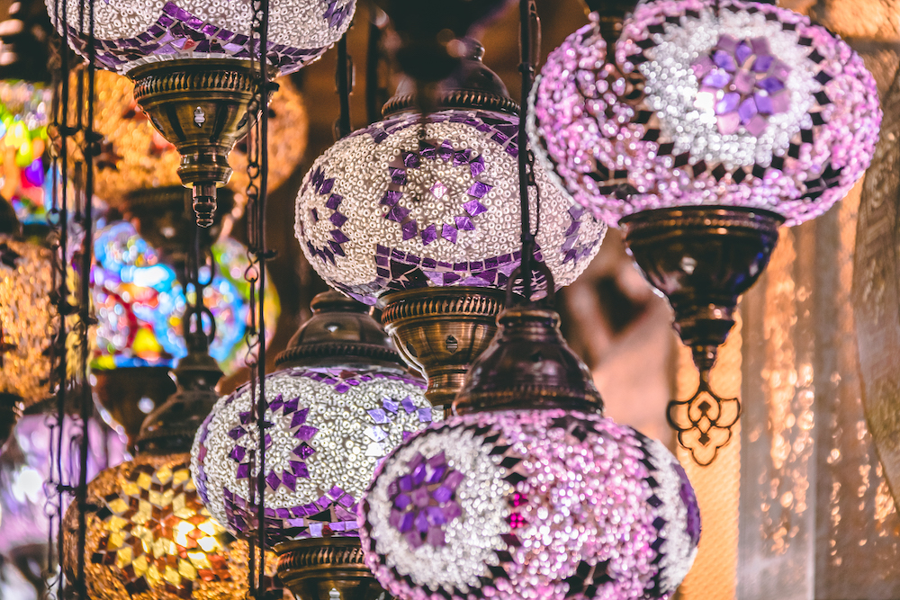 Moroccan or Turkish mosaic lamps and lanterns background; selective focus